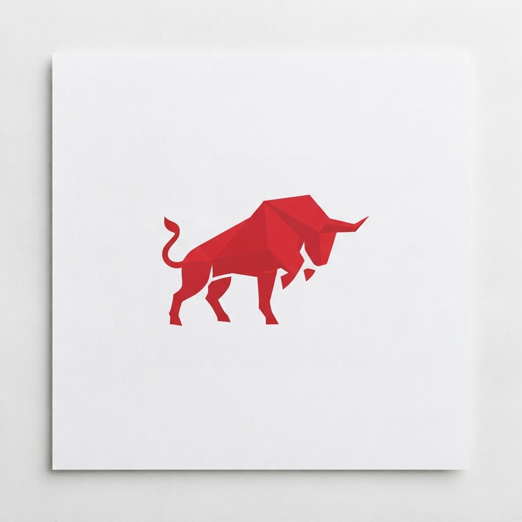 Square white canvas featuring a red low-poly bull in a powerful stance