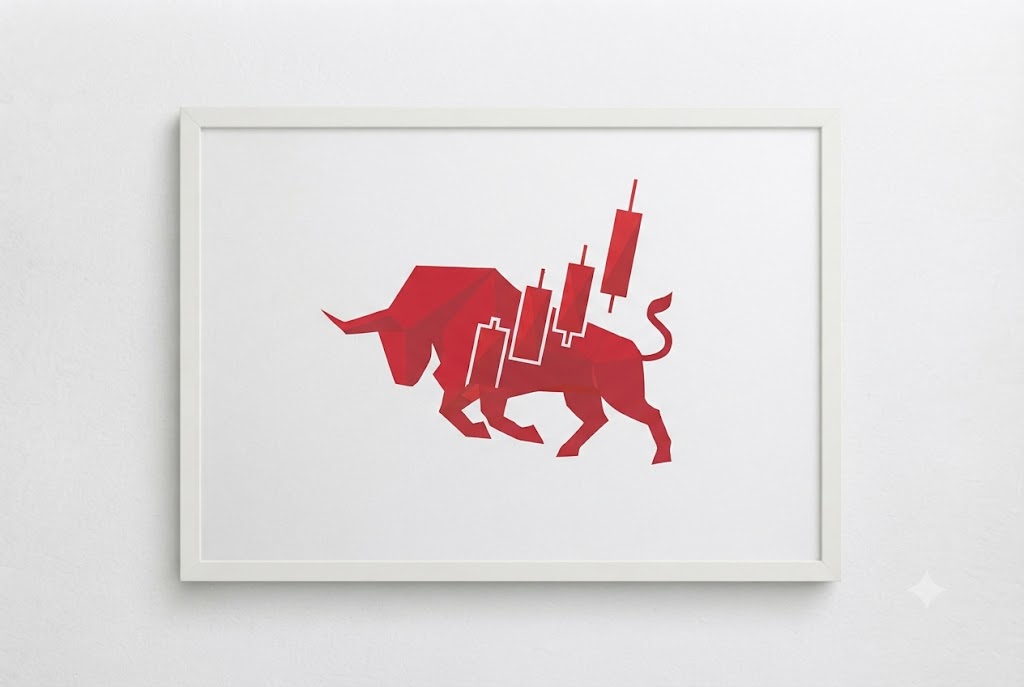 Framed red geometric bull surrounded by rising candlestick chart bars